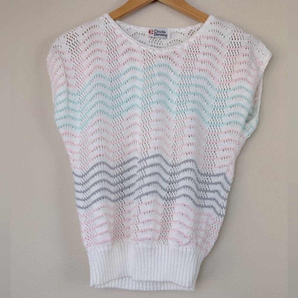 Vintage Cristin Stevens Made in USA Crocheted Knit Pastel Sweater Top‎